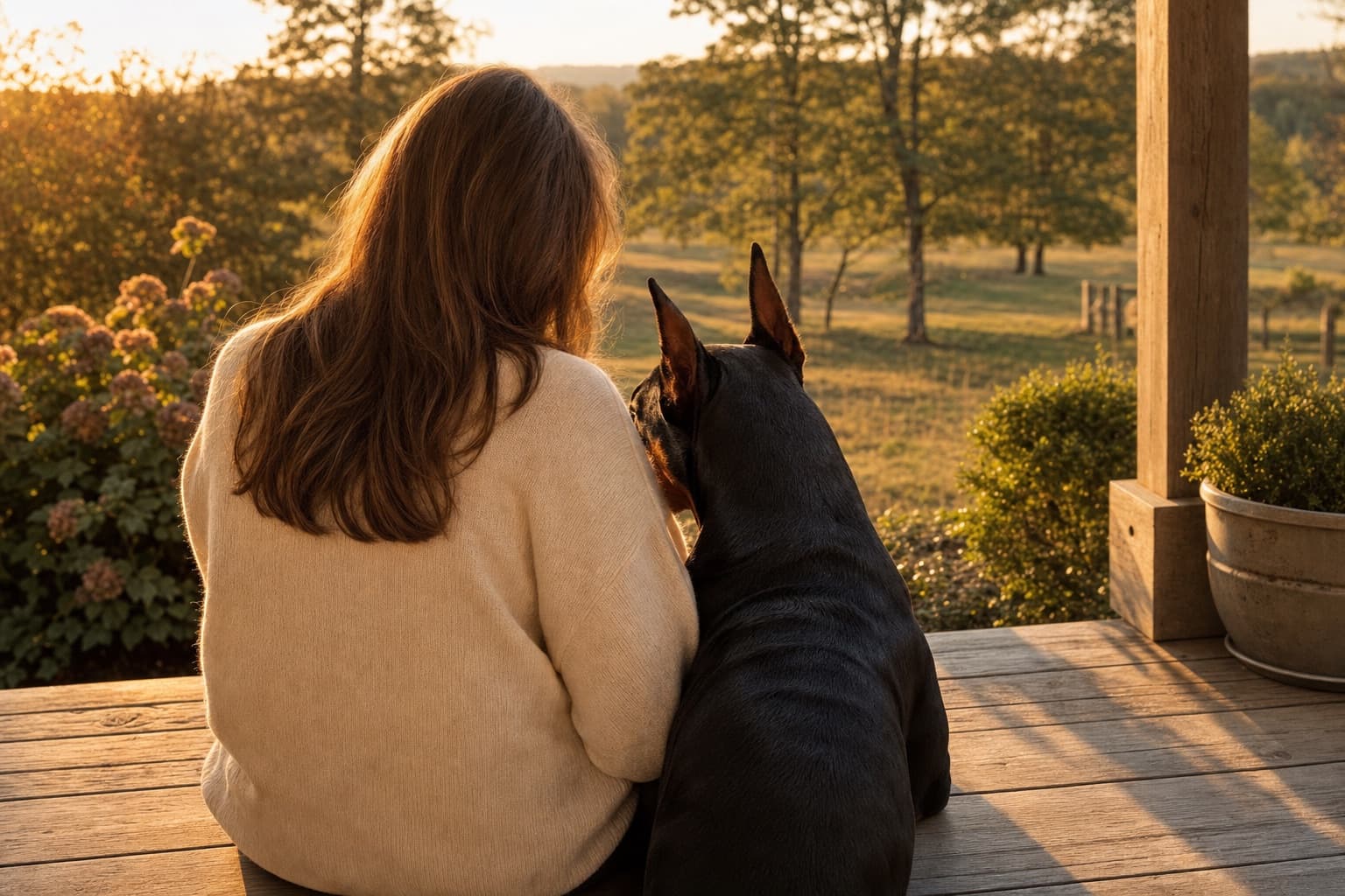 Brittany on the porch with a Doberman
