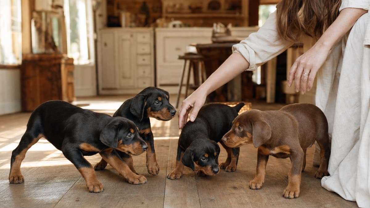 Doberman puppy underfoot in the kitchen — the way High Point puppies grow up